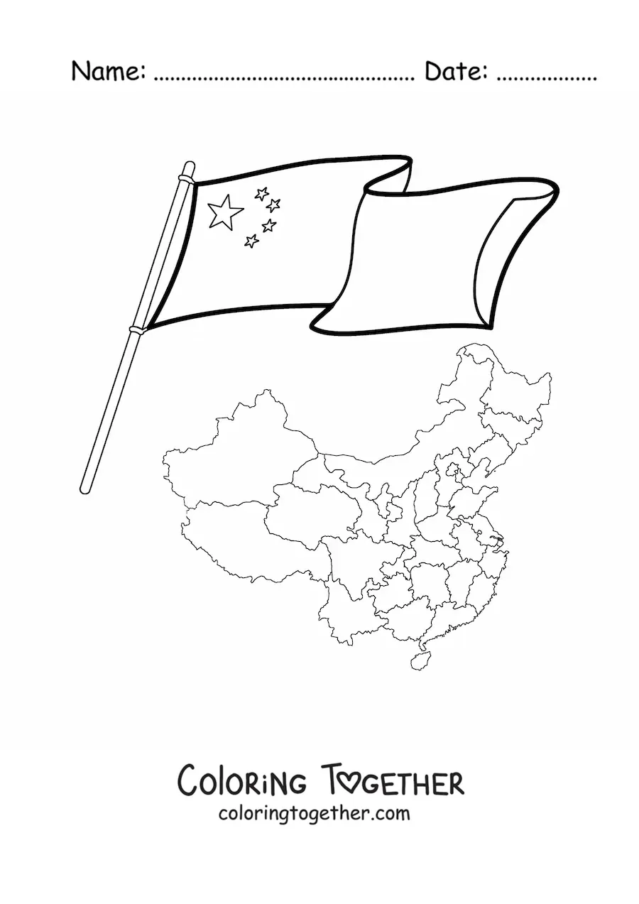 Coloring page of the flag of China next to a map