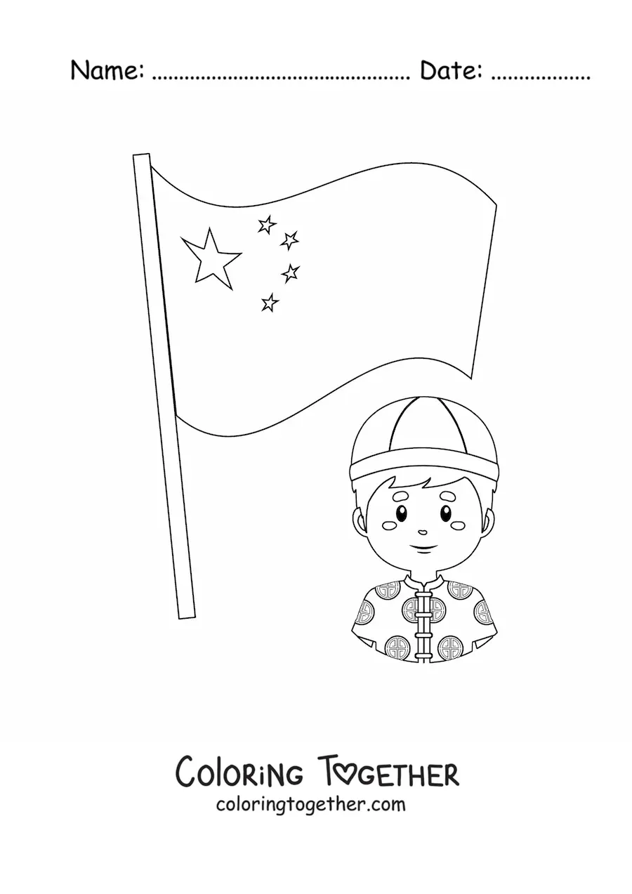Coloring page of the flag of China with a kawaii Chinese man