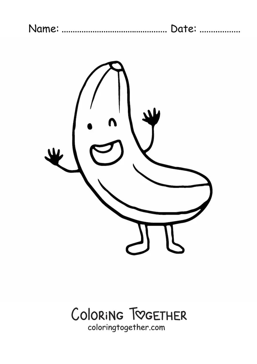 Coloring page of a happy cartoon banana waving