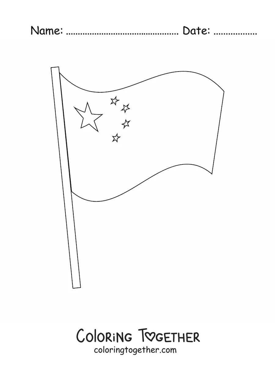 Coloring page of the flag of China waving on a flagpole