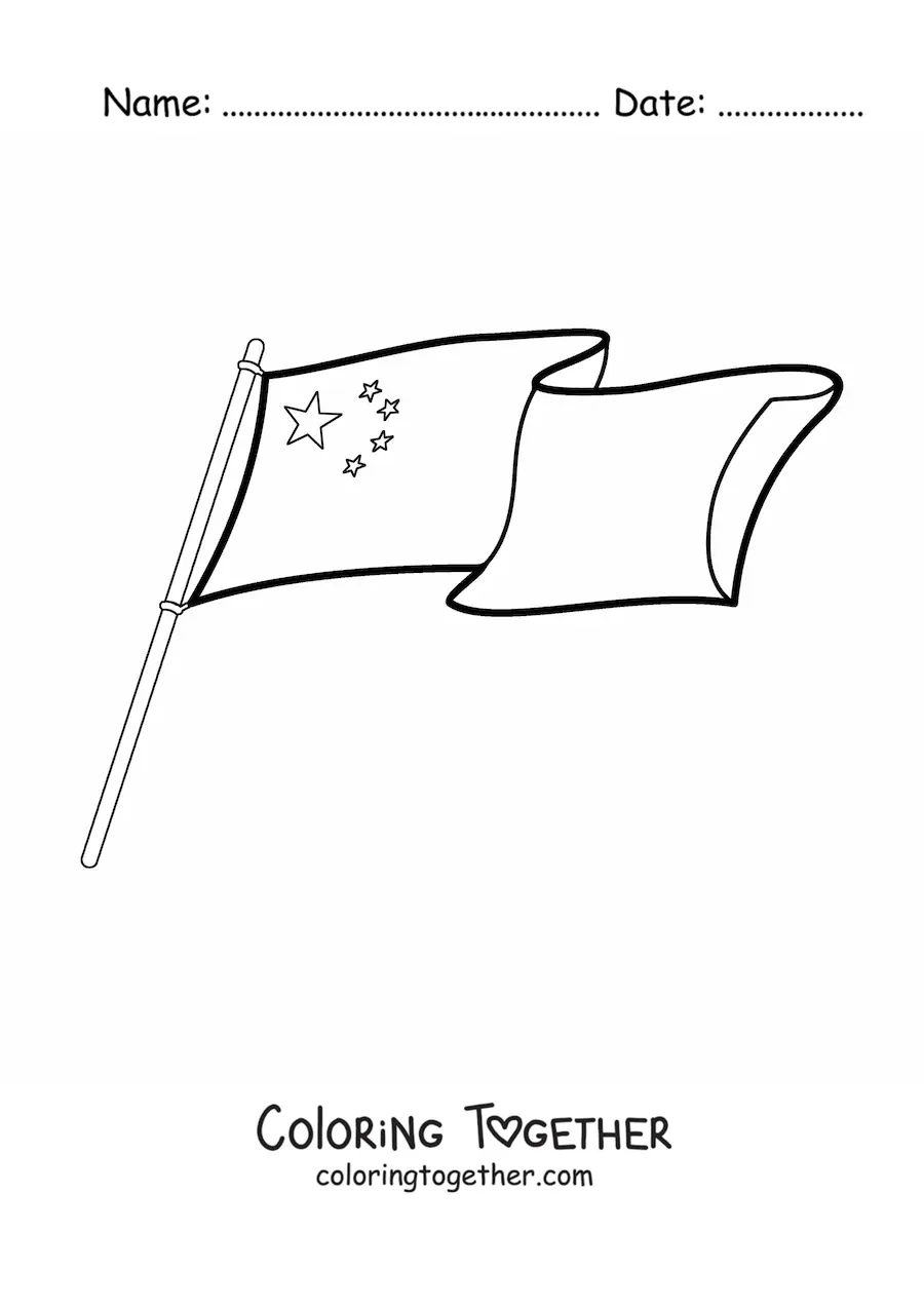 Coloring page of the flag of China on a flagpole