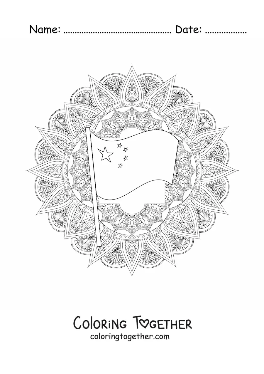 Coloring page of the flag of China with a mandala
