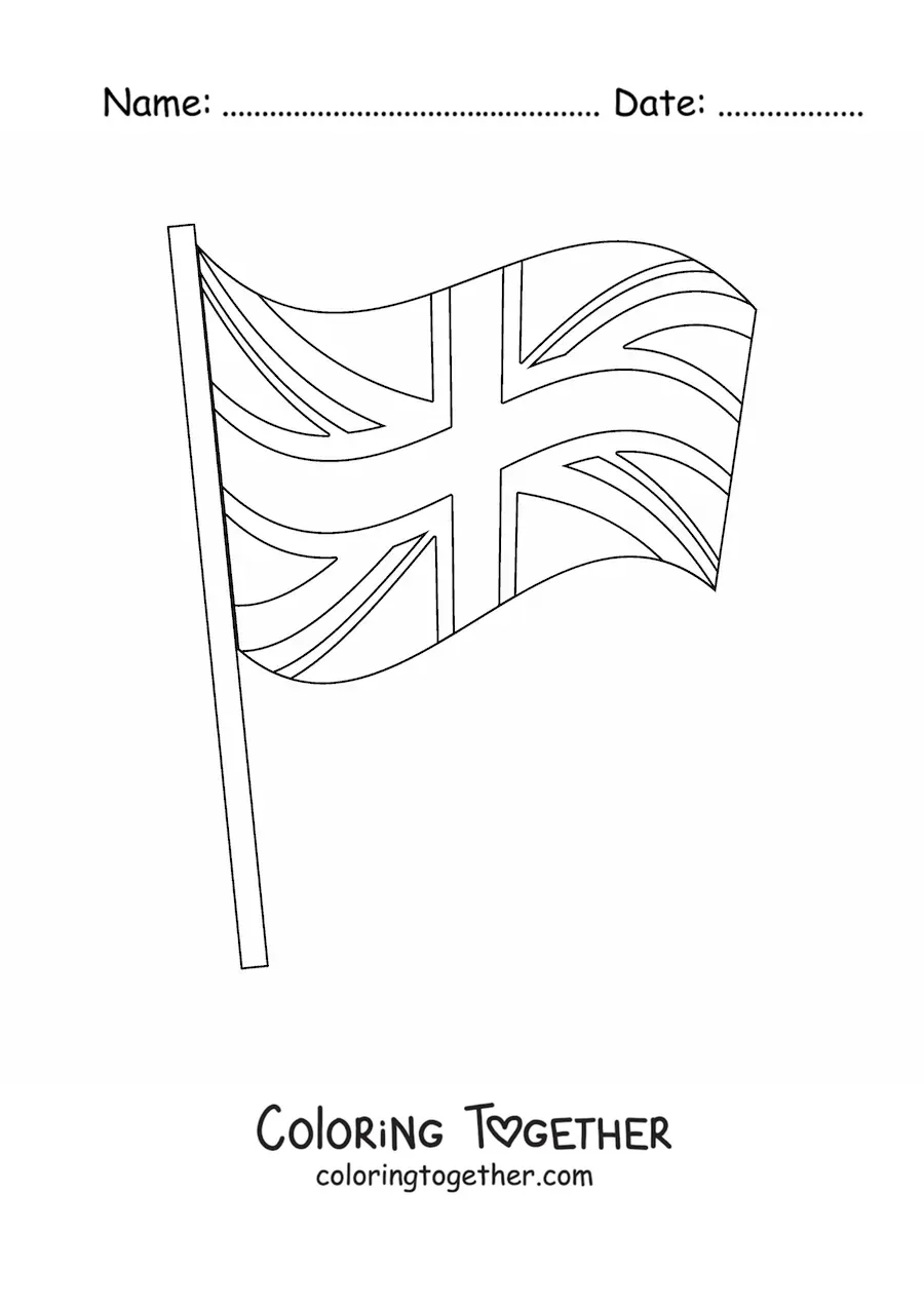 Coloring page of the flag of the United Kingdom waving on a flagpole