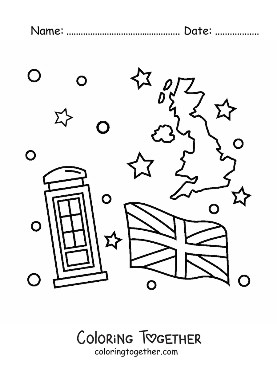 Coloring page of the flag of the United Kingdom next to a map and a telephone booth