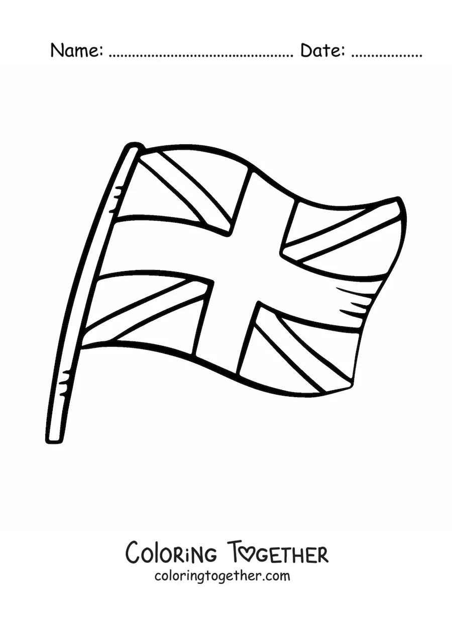 Coloring page of the flag of the United Kingdom on a flagpole