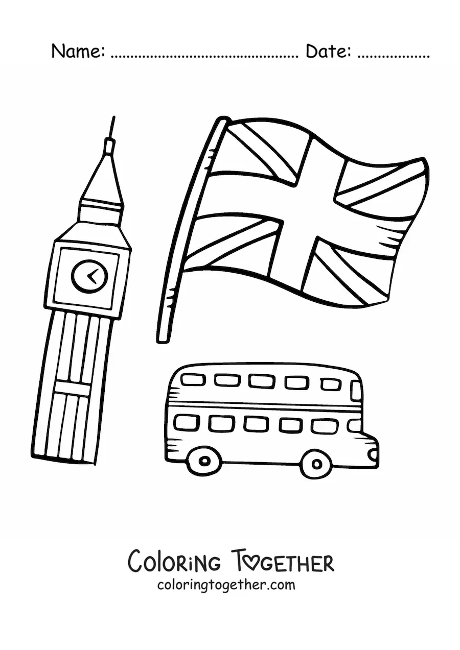 Coloring page of the flag of the United Kingdom with Big Ben and a double-decker bus