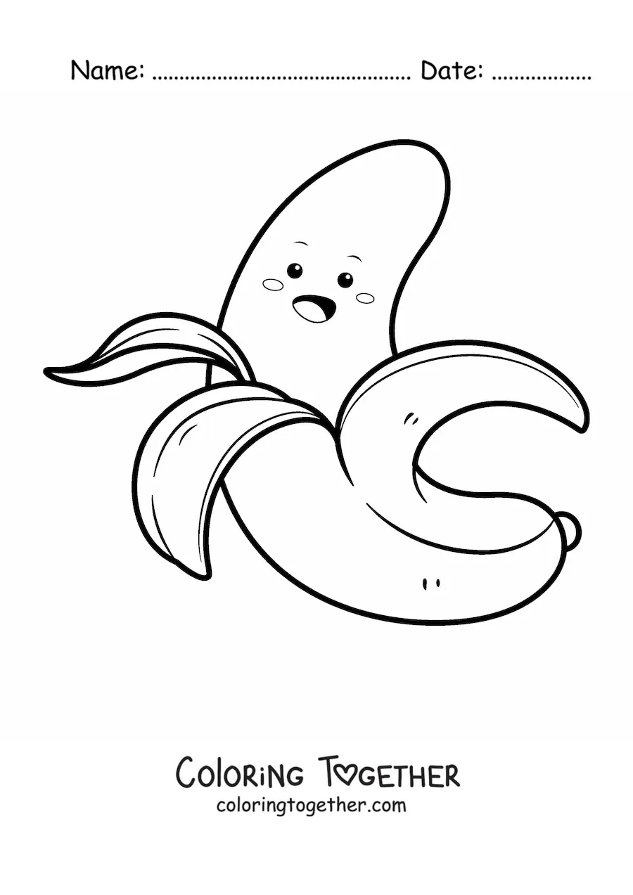Coloring page of a kawaii cartoon banana with its peel open