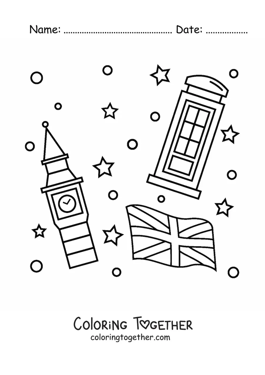 Coloring page of the flag of the United Kingdom with Big Ben and a phone booth