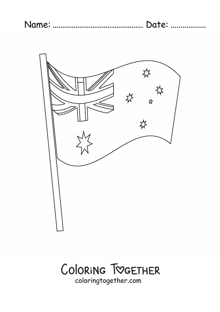 Coloring page of the flag of Australia waving on a flagpole