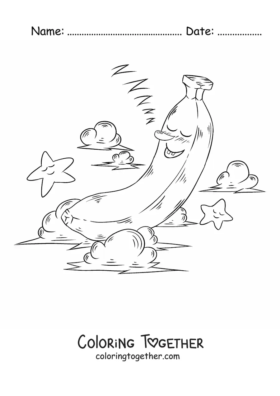 Coloring page of a cartoon banana sleeping among clouds and stars