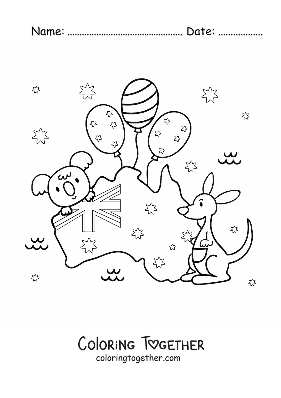 Coloring page of the flag of Australia on a map with a kawaii kangaroo and koala