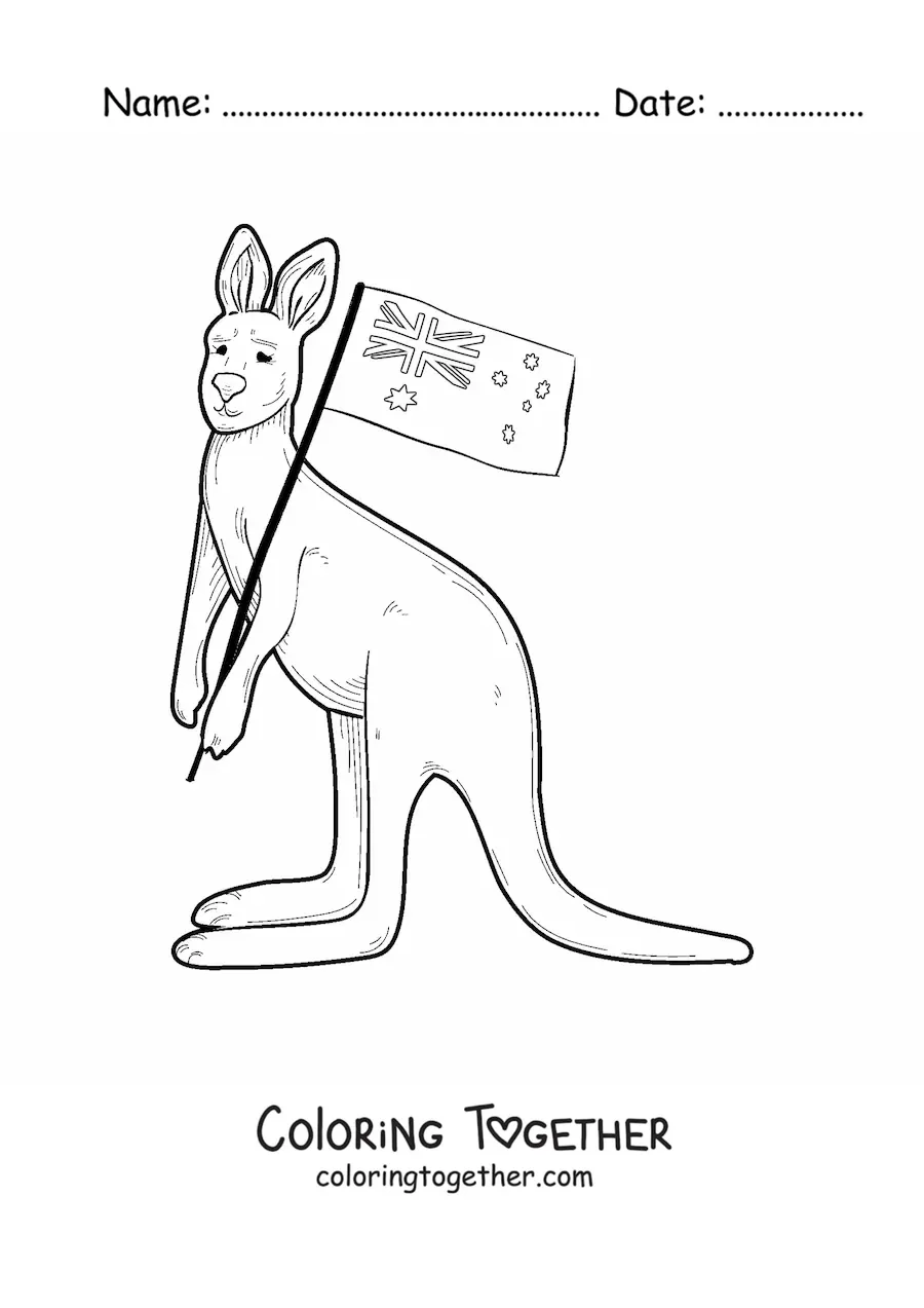 Coloring page of a kangaroo with the flag of Australia