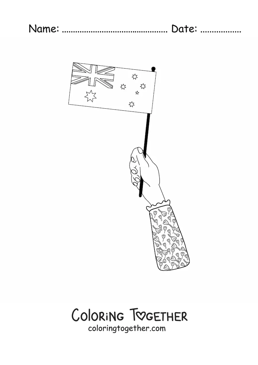 Coloring page of a hand holding the flag of Australia