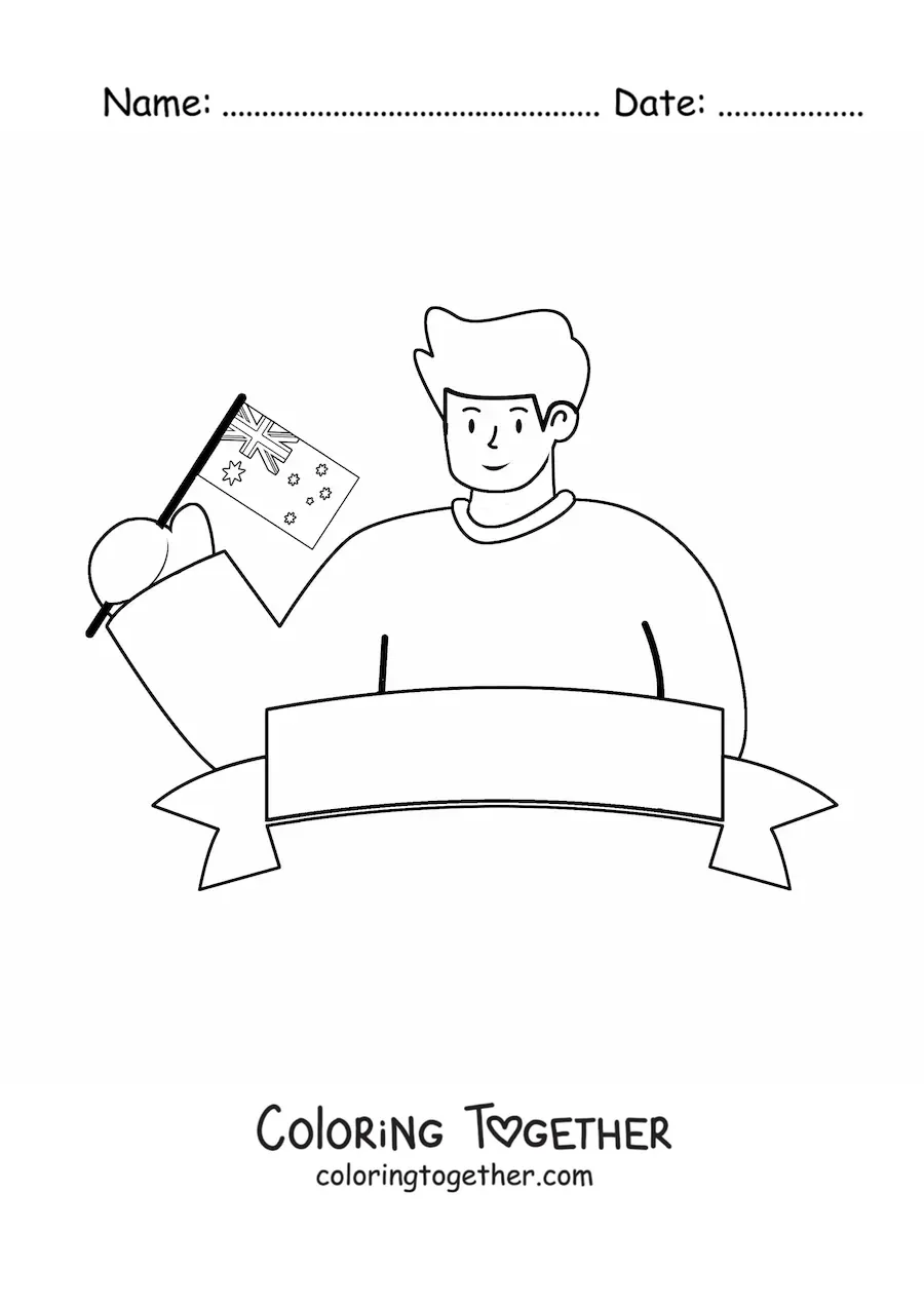 Coloring page of a man holding the flag of Australia
