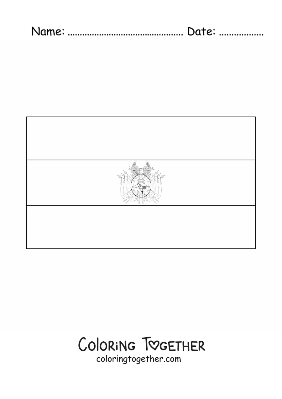 Coloring page of the horizontal flag of Bolivia with coat of arms