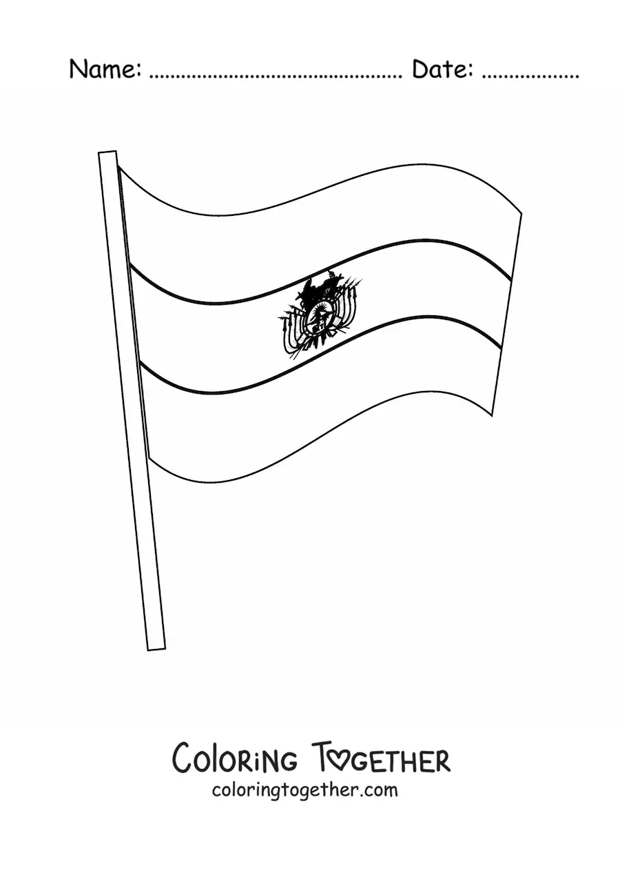 Coloring page of the flag of Bolivia waving on a flagpole