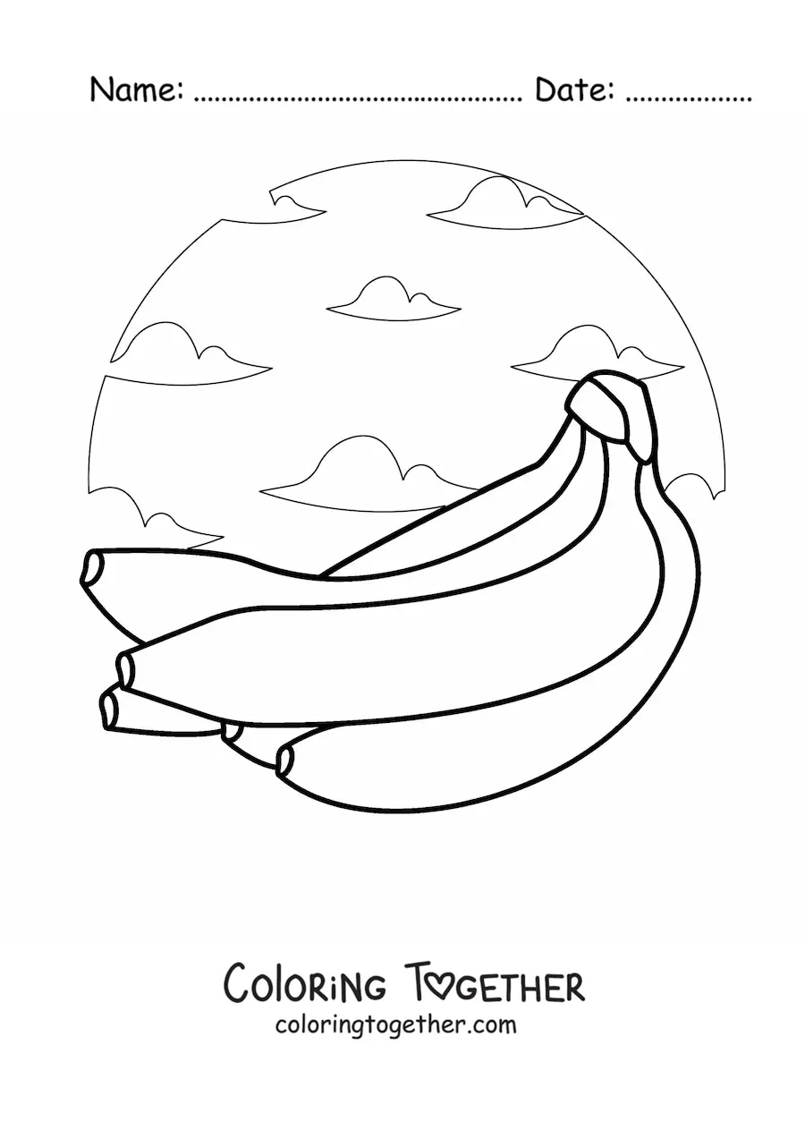 Coloring page of a bunch of bananas with the sky in the background