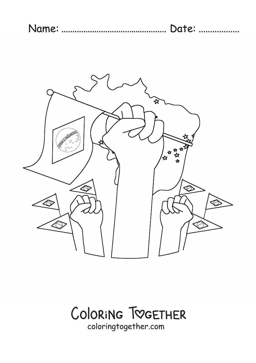 Coloring page of several hands holding the flag of Brazil with a map in the background