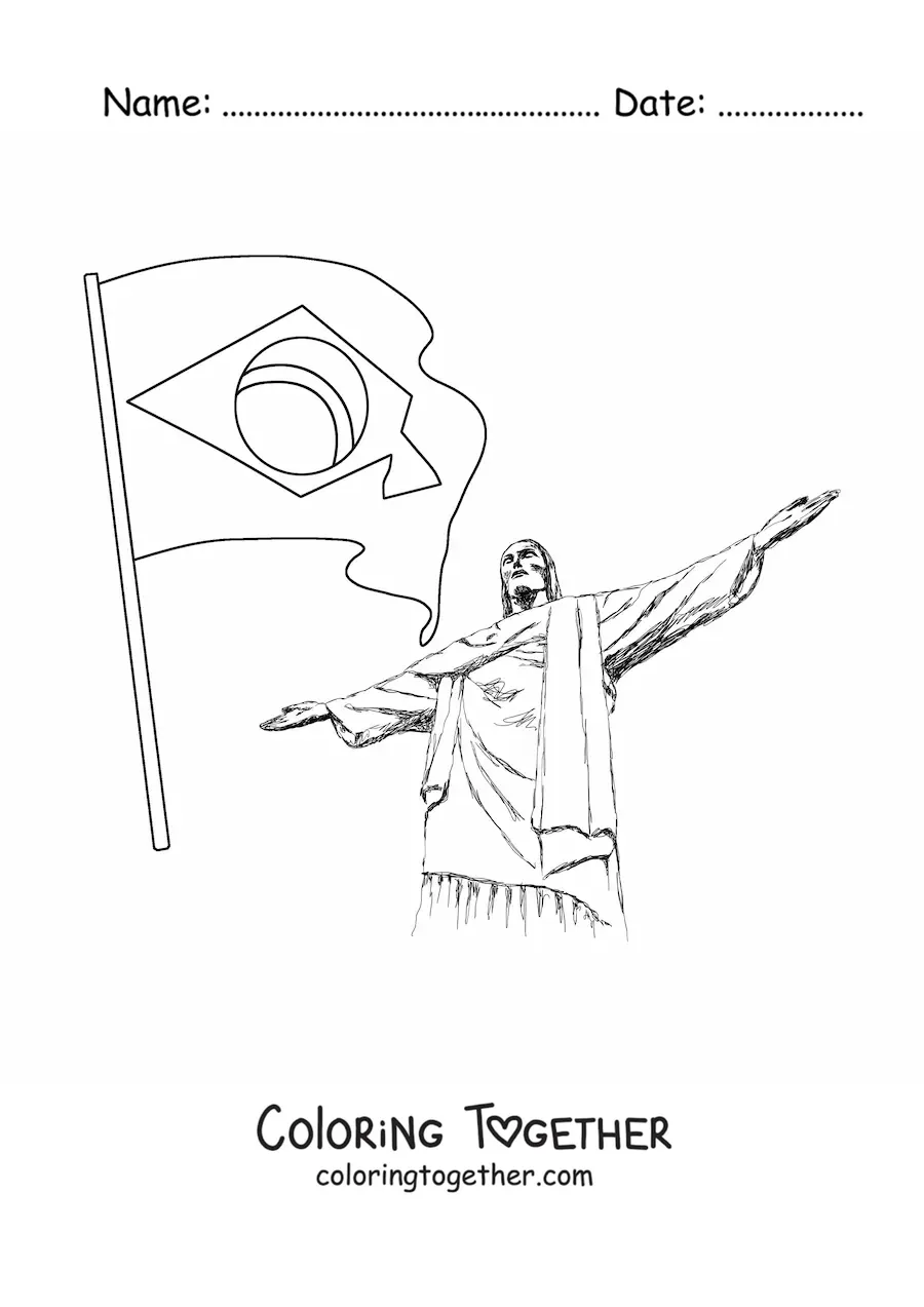 Coloring page of the flag of Brazil next to Christ the Redeemer
