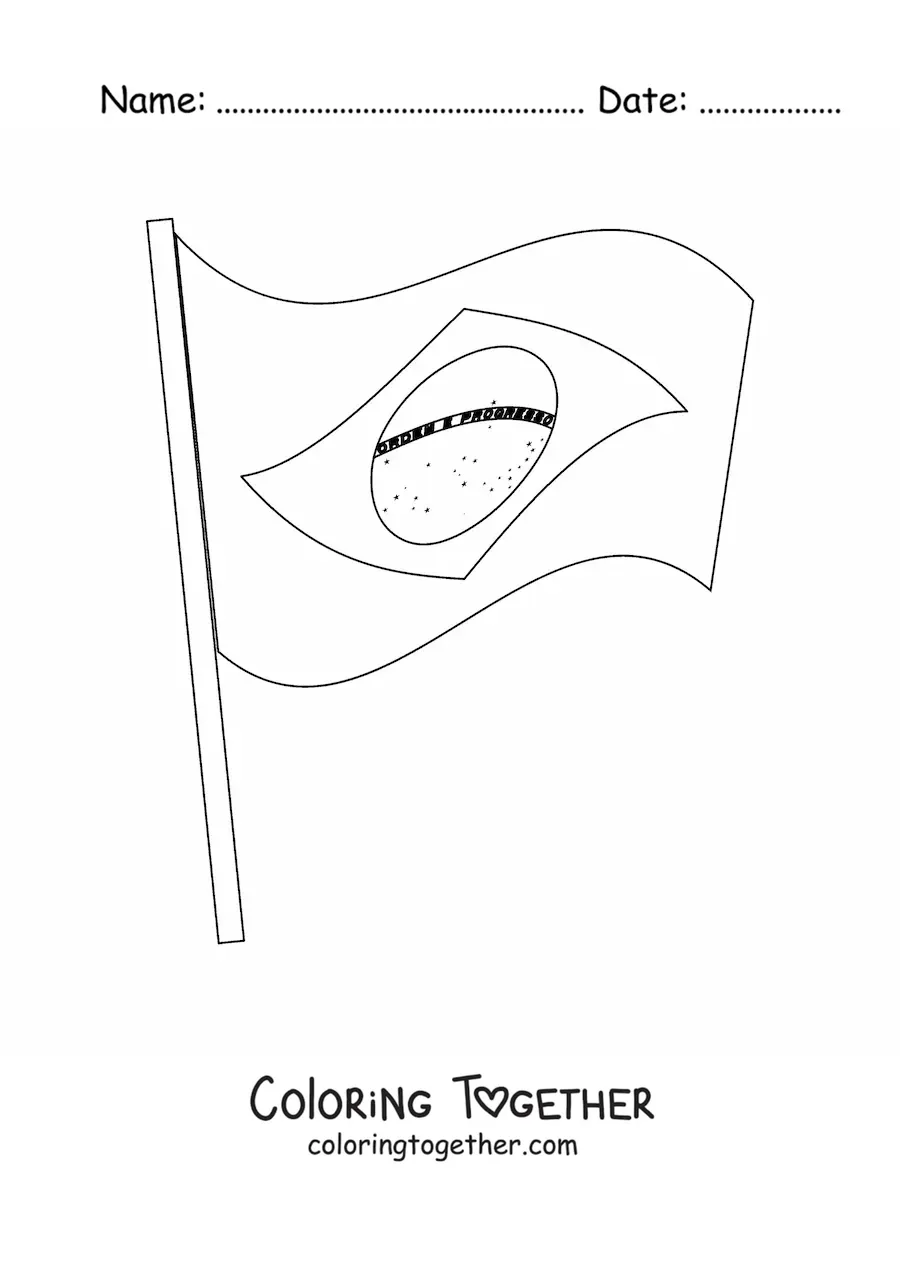 Coloring page of the flag of Brazil waving on a flagpole