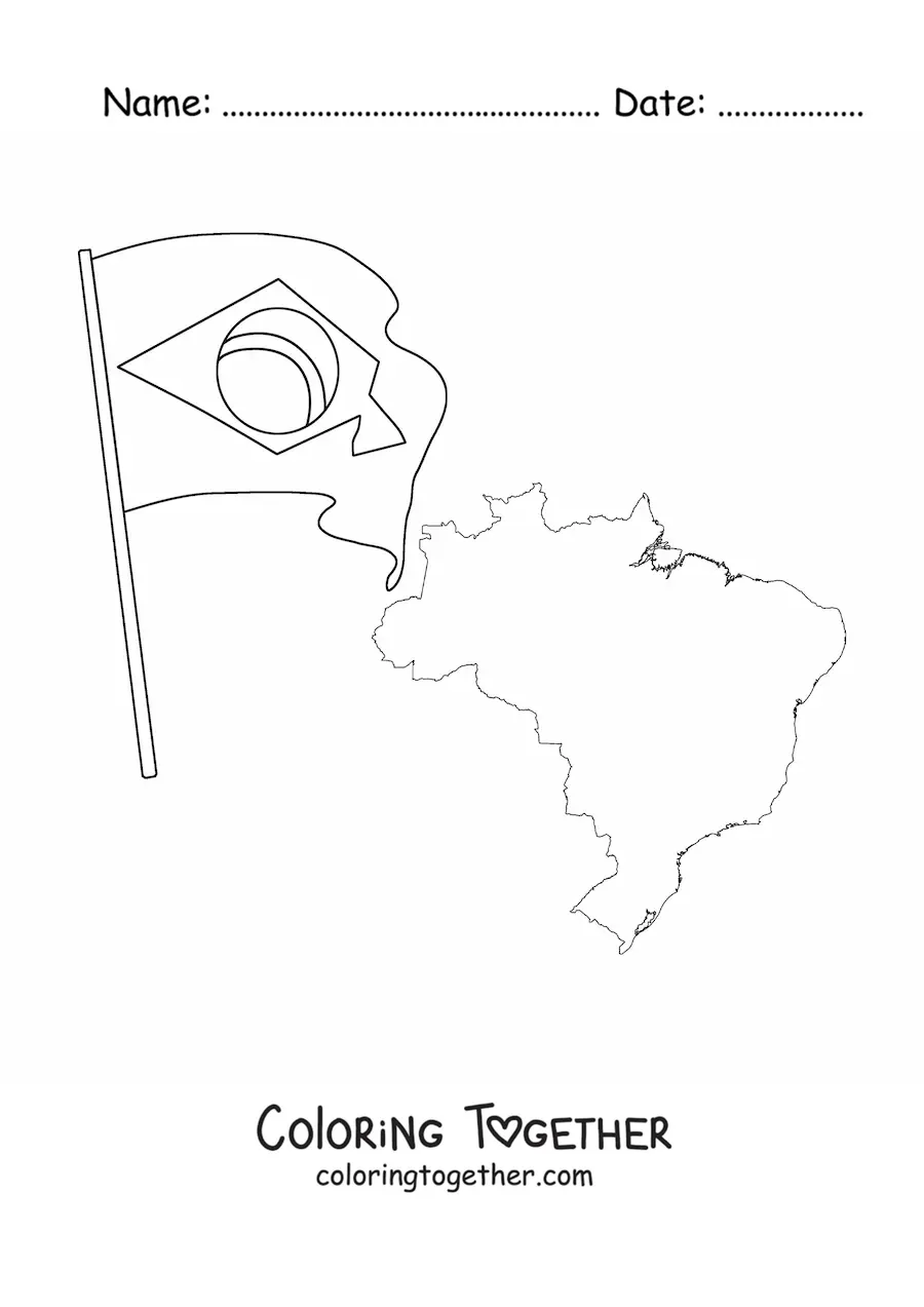 Coloring page of the flag of Brazil next to a map
