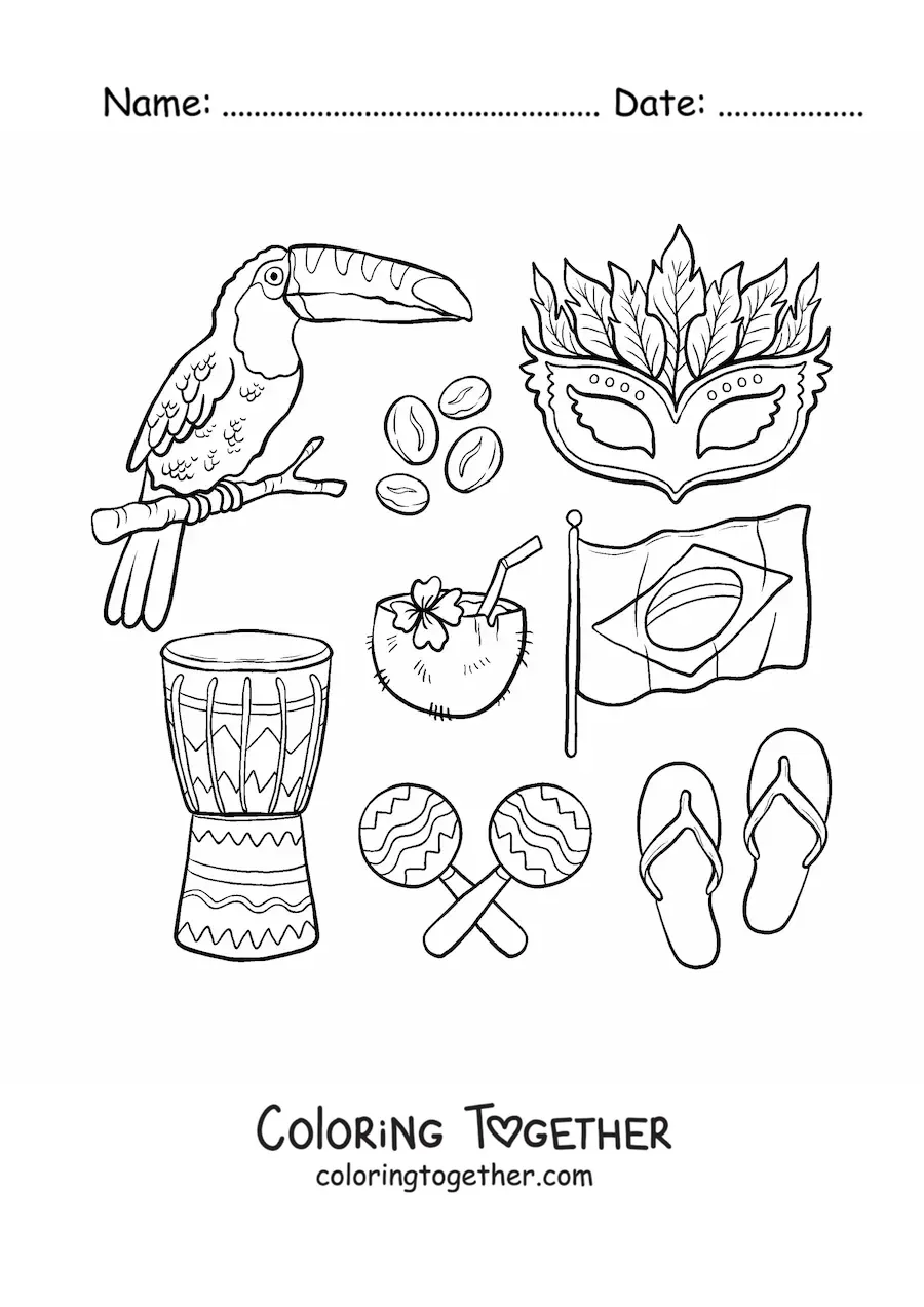 Coloring page of the flag of Brazil, a toucan, a drum, maracas, a coconut, and a mask
