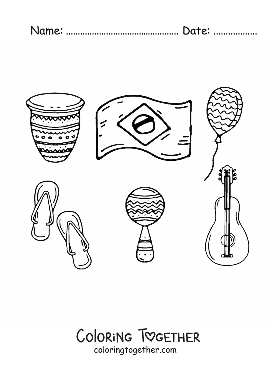 Coloring page of the flag of Brazil, a drum, a maraca, an instrument, and a sandal