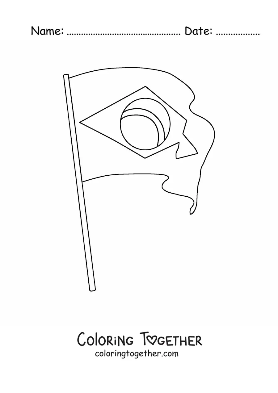 Coloring page of the flag of Brazil on a flagpole