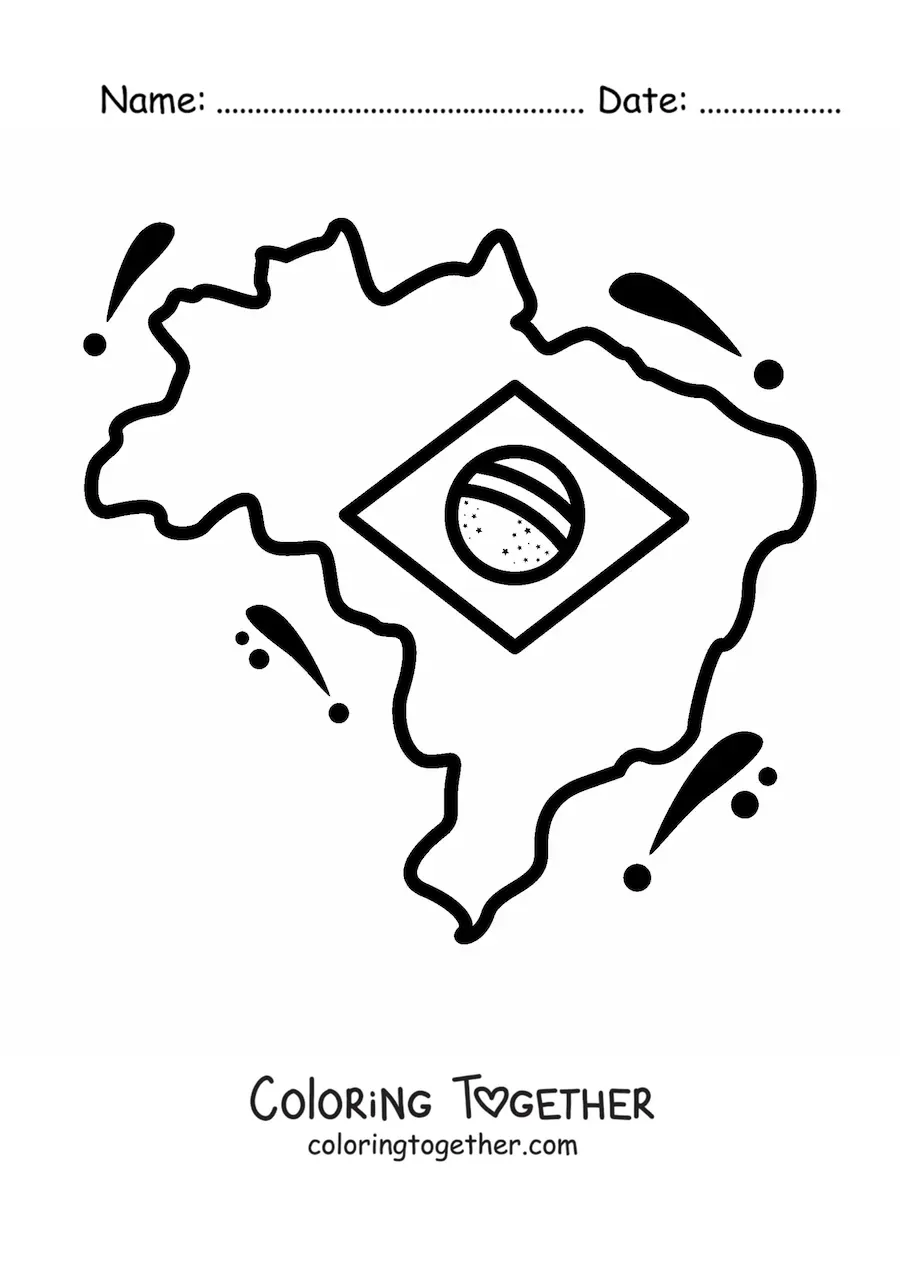Coloring page of the flag of Brazil on a map