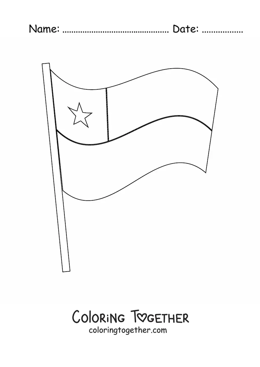 Coloring page of the flag of Chile waving on a flagpole