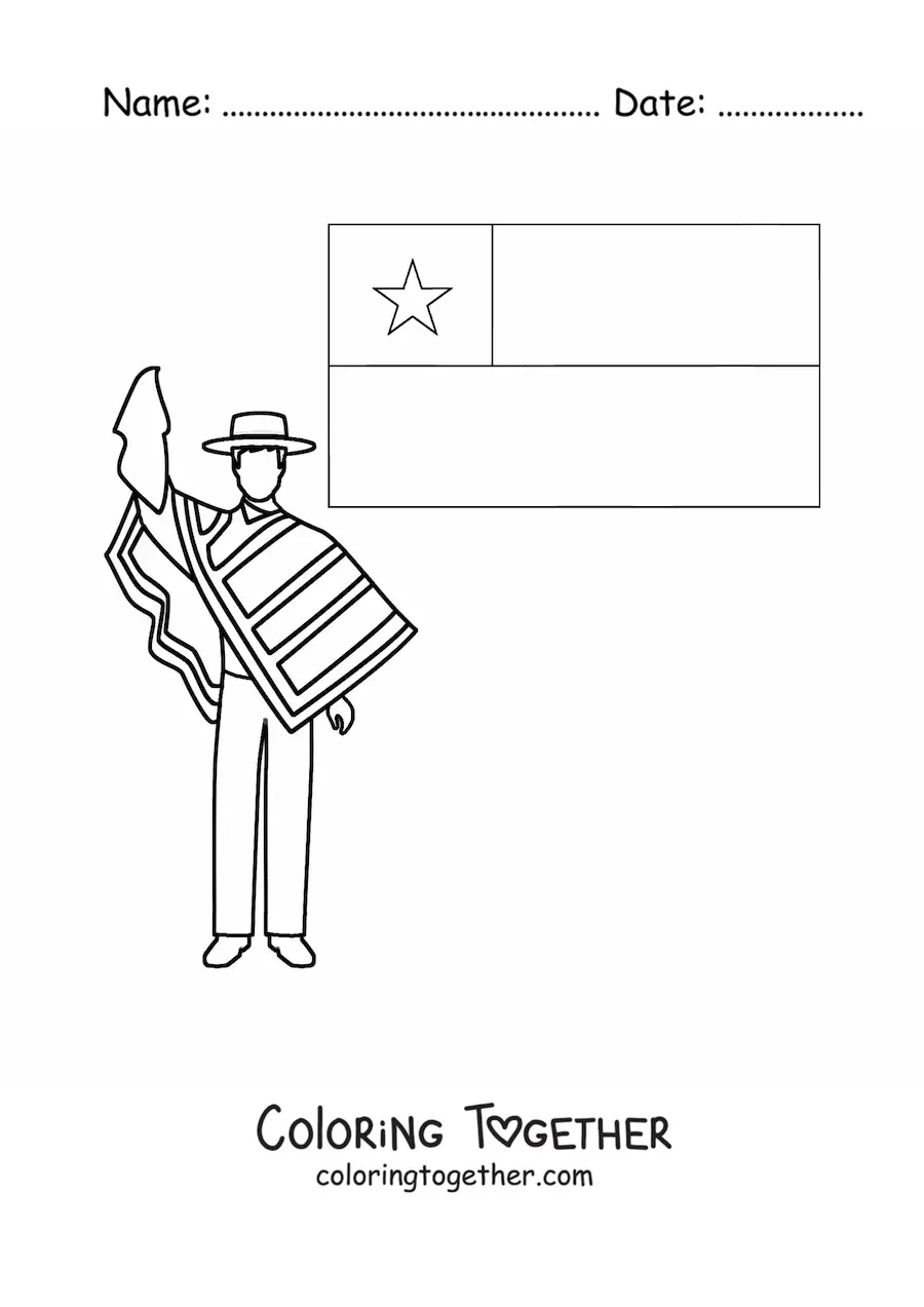 Coloring page of a man in traditional Chilean dress next to the flag of Chile