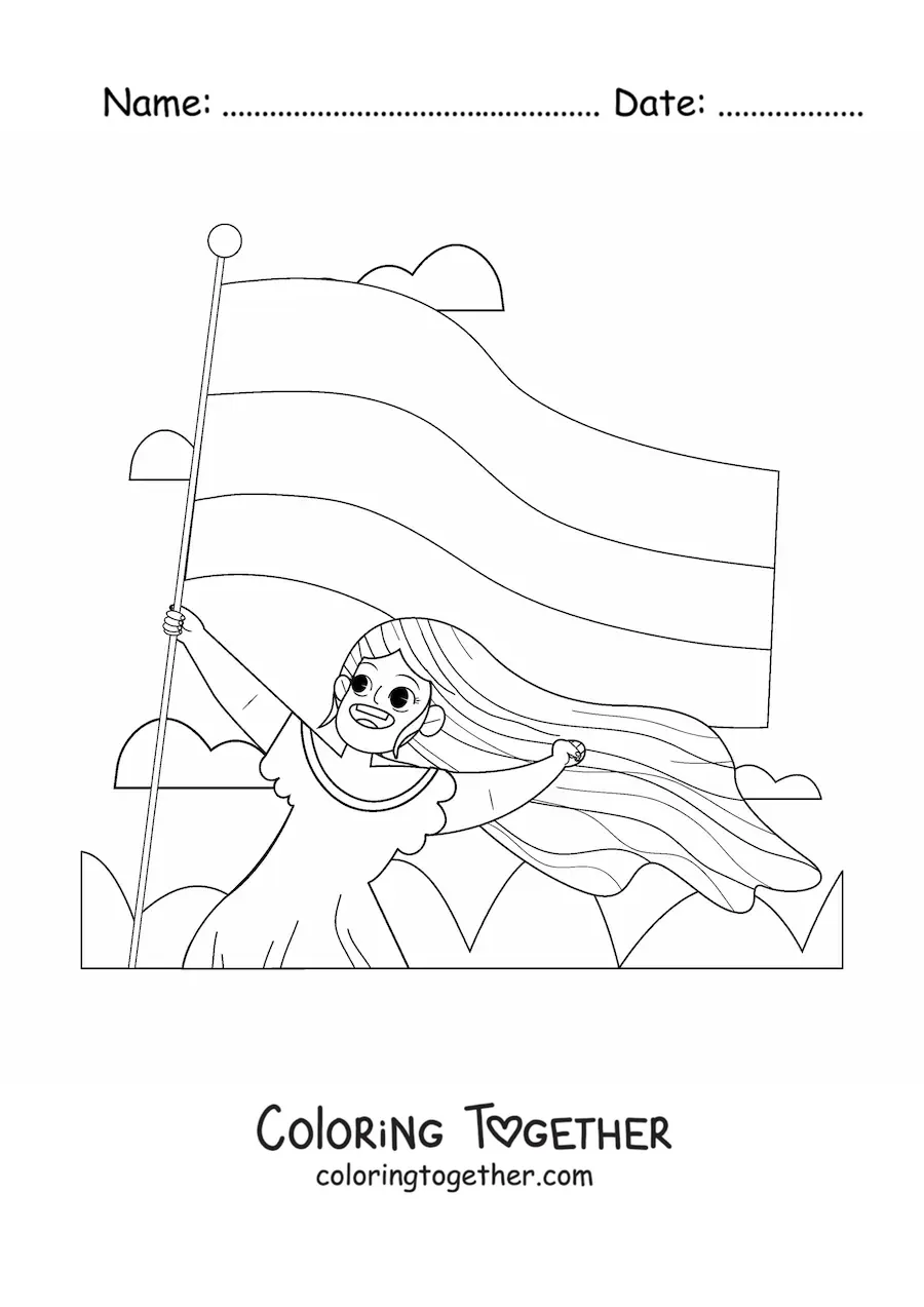 Coloring page of a girl holding the flag of Colombia