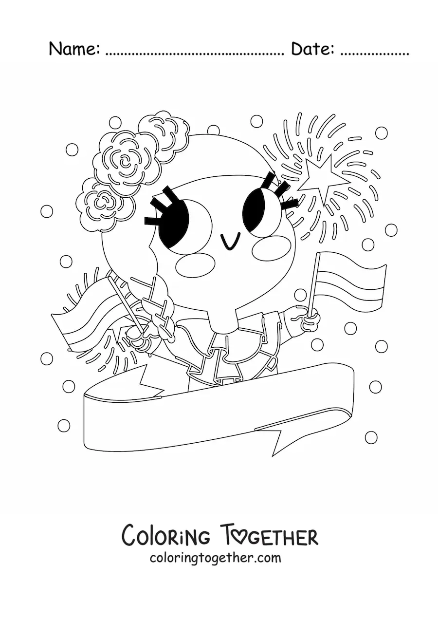 Coloring page of a little girl in traditional Colombian dress holding the flag of Colombia