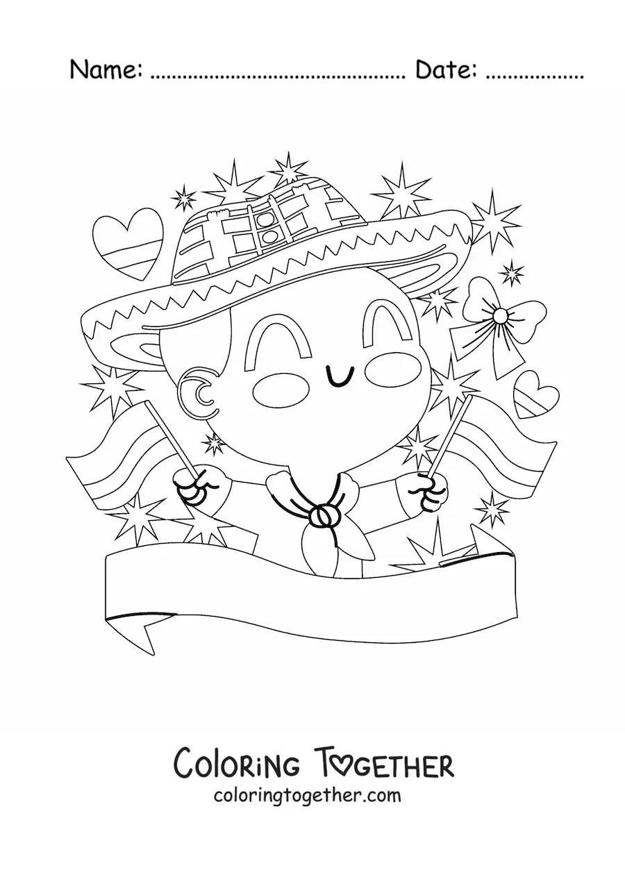 Coloring page of a little boy in traditional Colombian dress holding the flag of Colombia