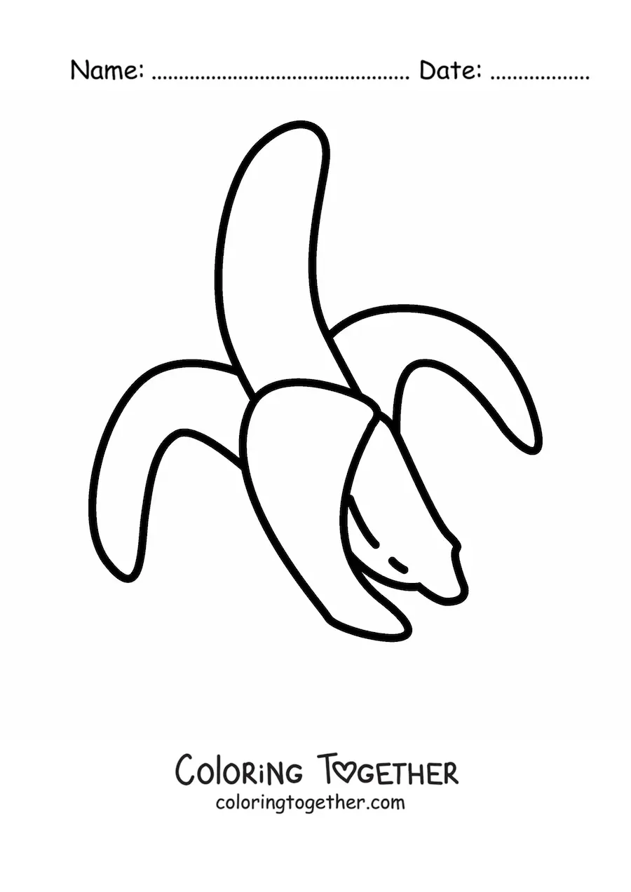 Coloring page of a banana with half its peel, leaning to the left
