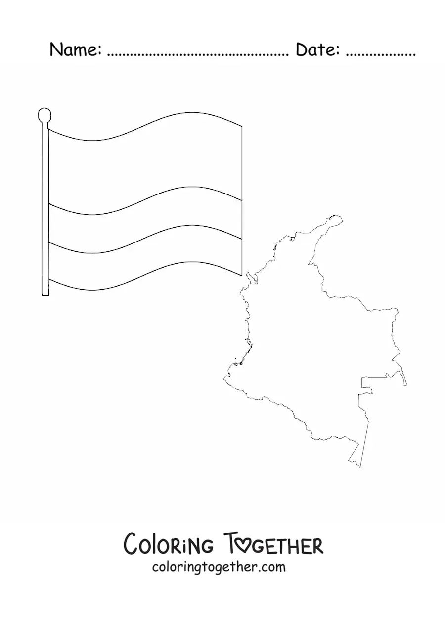 Coloring page of the flag of Colombia next to a map