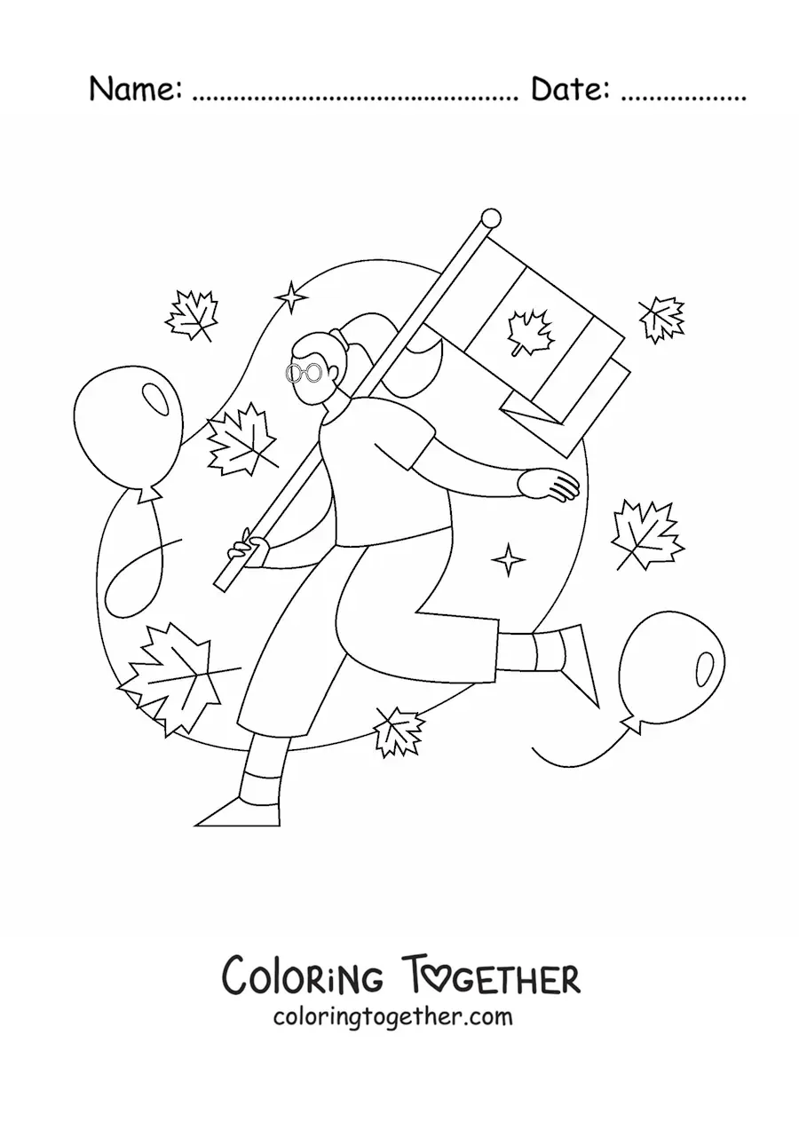 Coloring page of a girl holding the flag of Canada with leaves