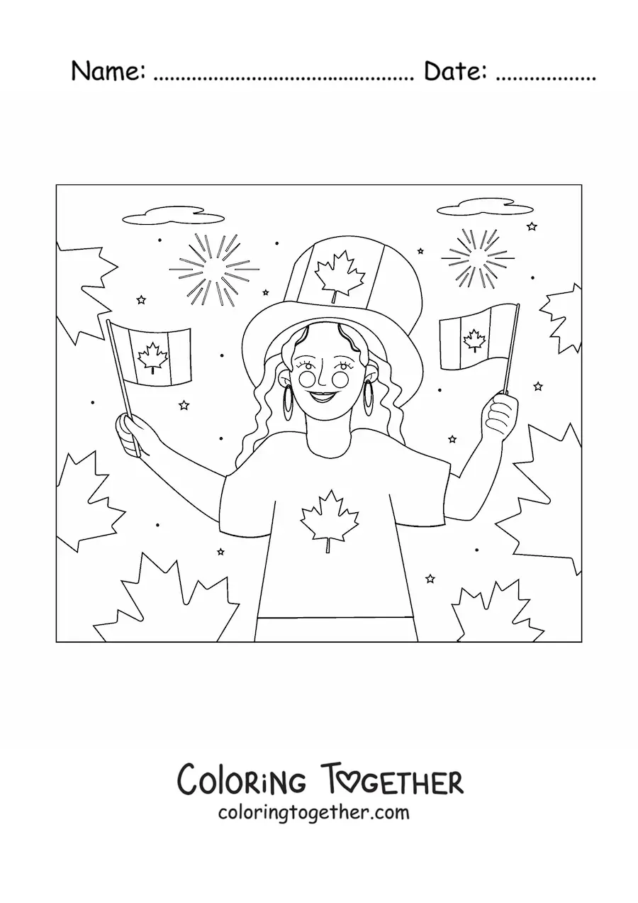 Coloring page of a girl holding the flag of Canada with a hat
