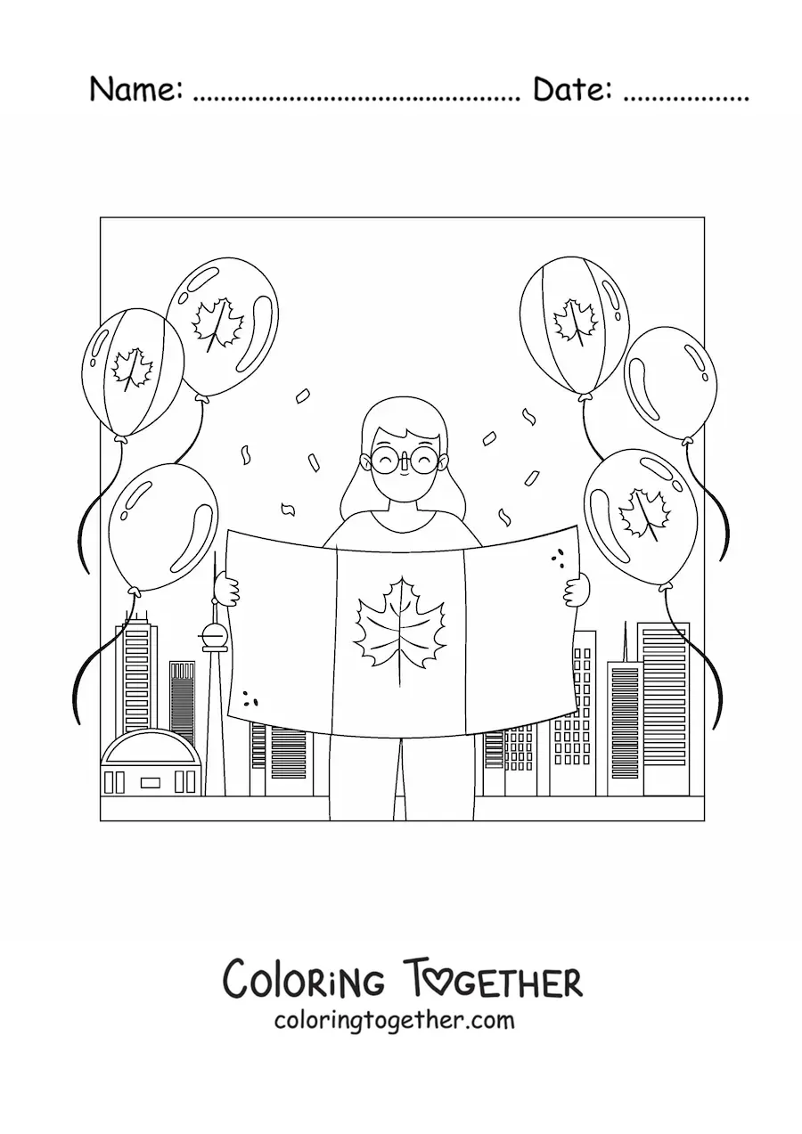 Coloring page of a girl holding the flag of Canada with balloons