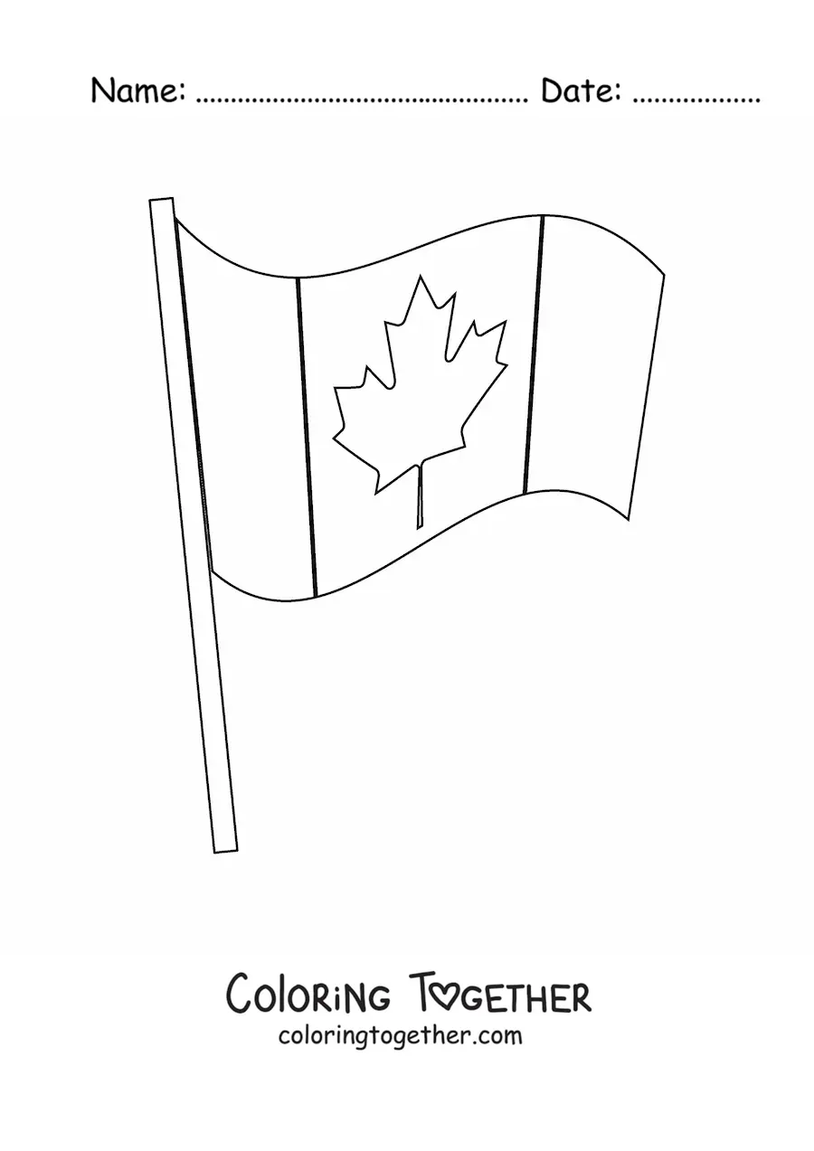 Coloring page of the flag of Canada waving on a flagpole