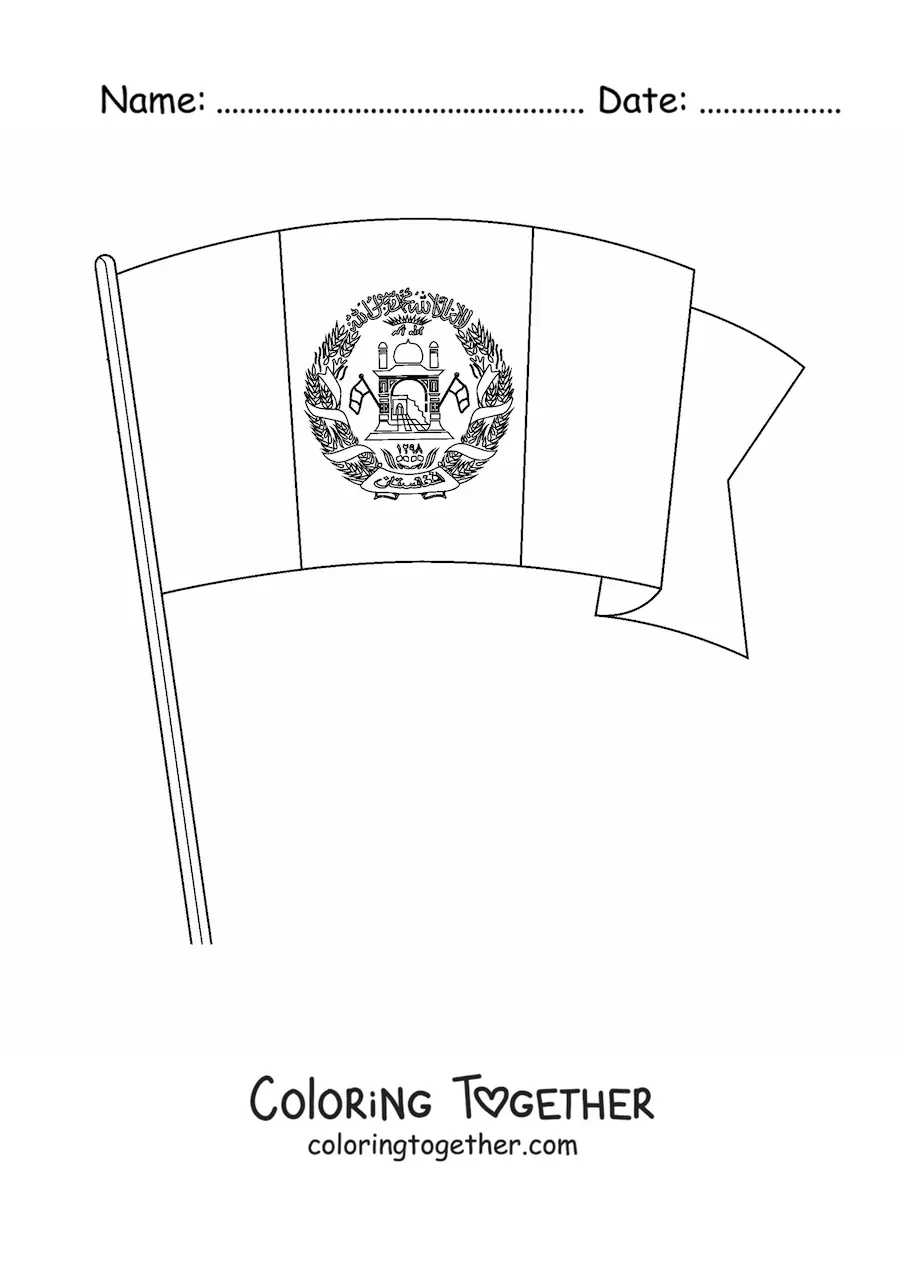 Coloring page of the flag of Afghanistan waving on a flagpole