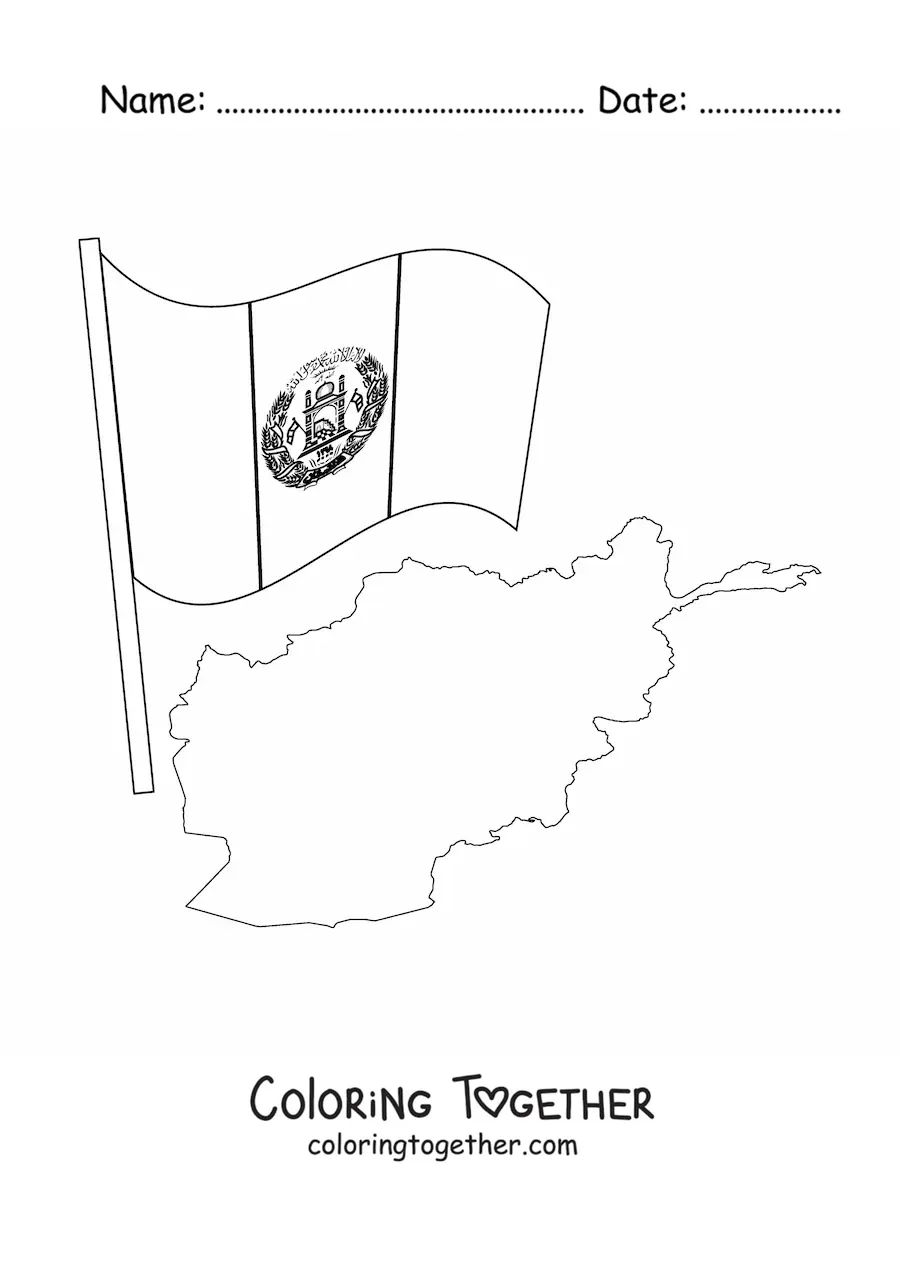 Coloring page of the flag of Afghanistan next to a map