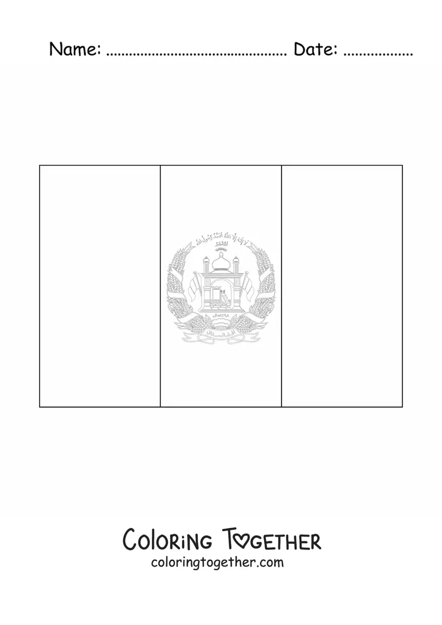 Coloring page of the horizontal flag of Afghanistan with coat of arms