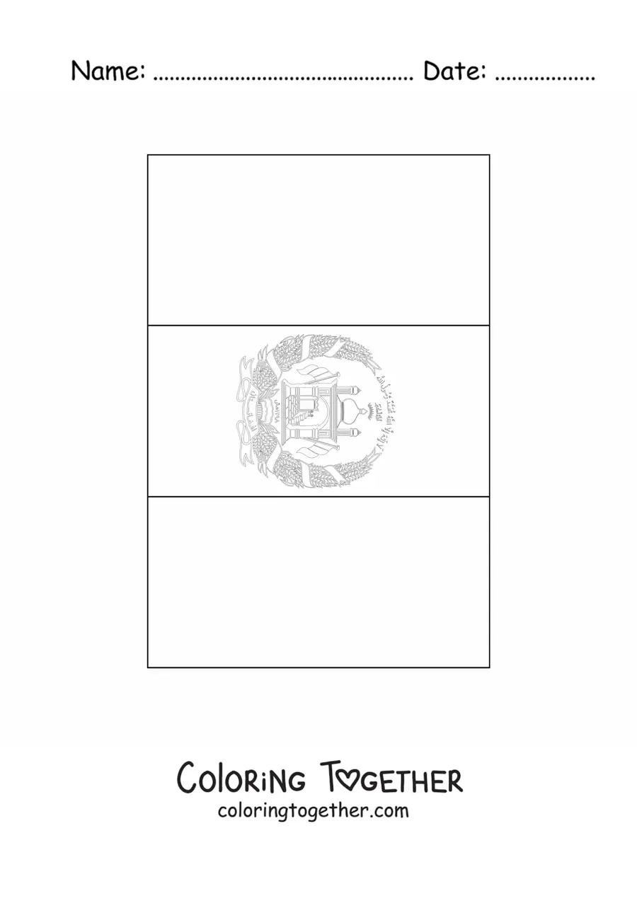 Coloring page of the vertical flag of Afghanistan with coat of arms