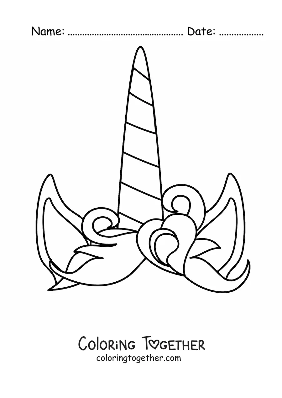 Coloring page of a unicorn's horn and ears