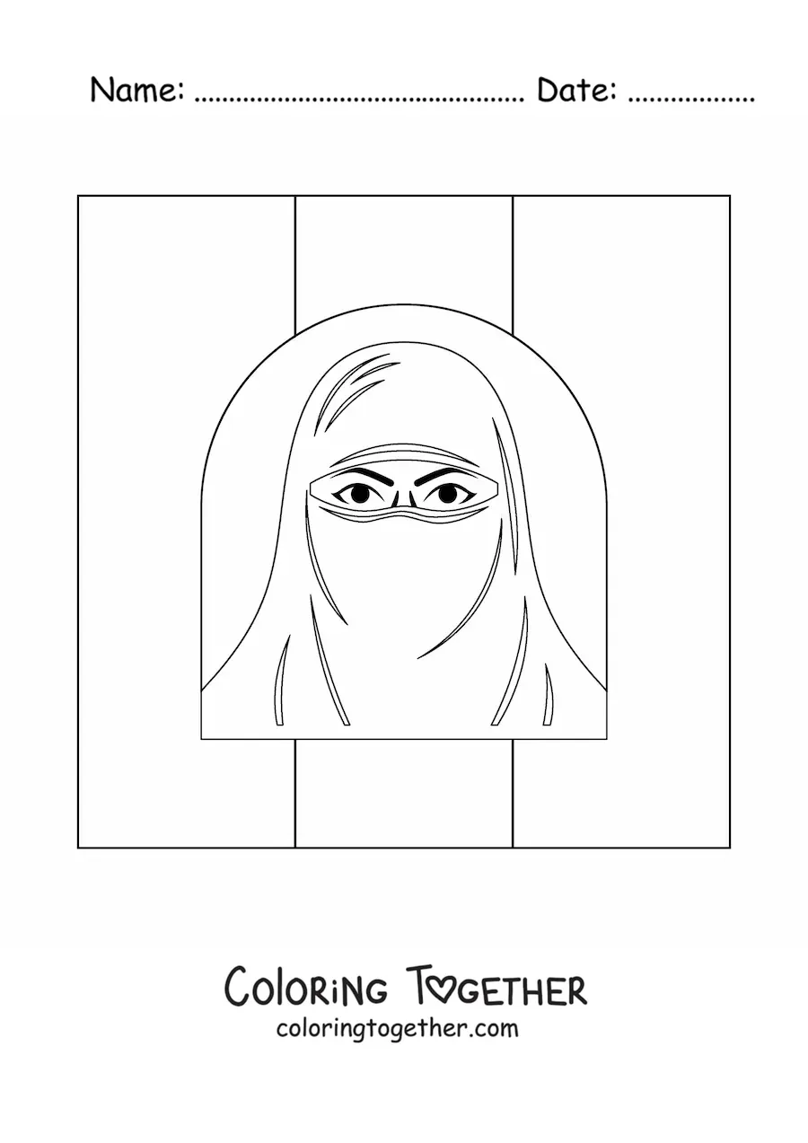 Coloring page of the flag of Afghanistan with a woman with her face covered