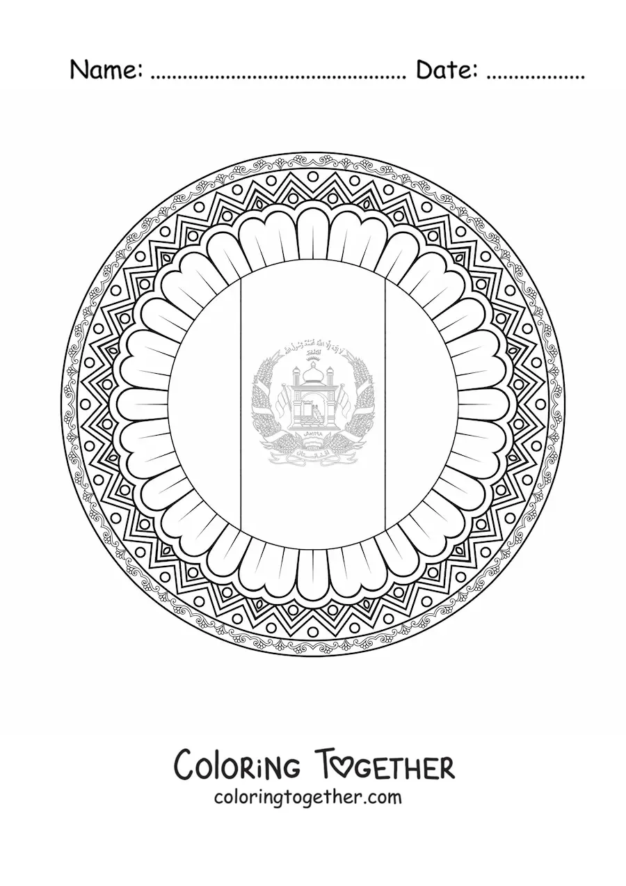 Coloring page of the flag of Afghanistan in an emoji with a mandala