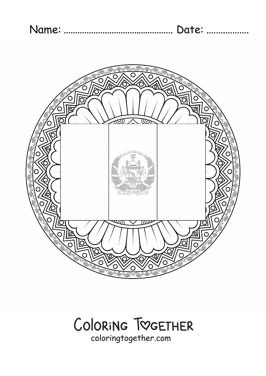 Coloring page of the flag of Afghanistan with a mandala