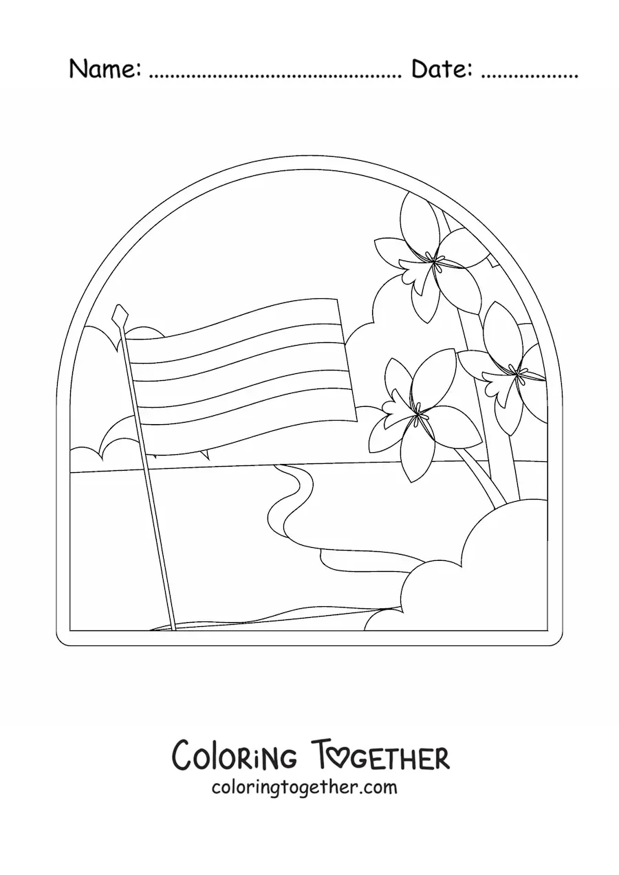Coloring page of the flag of Costa Rica in a landscape with the national flower