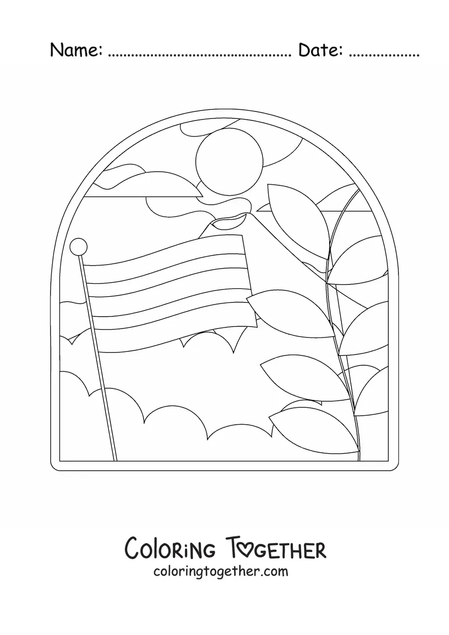 Coloring page of the flag of Costa Rica in a landscape with a volcano